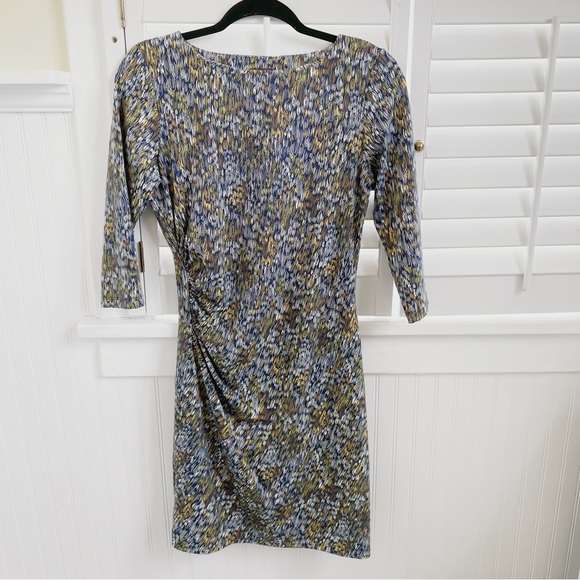 J. McLaughlin Dresses J Mclaughlin Navy Blue Yellow White Print Catalina Cloth Ruched Dress